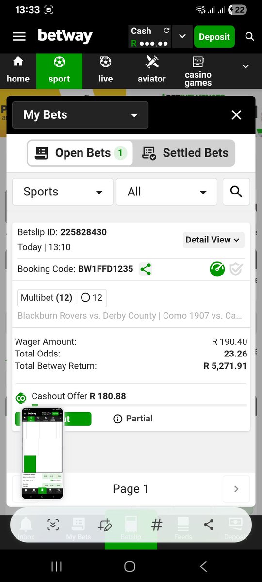 Input : R190.40
Output : R5 271.91
Odds: 23.26
Market : Multigoals 1-3
Use Betway code BW1FFD1235