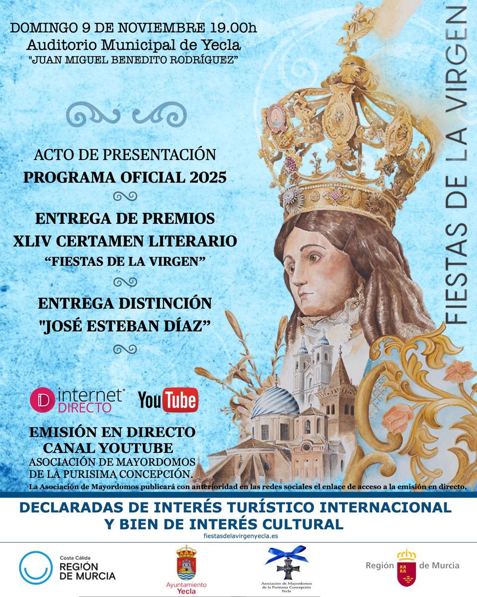 Domingo 9 de noviembre a las 19:00 h. en el Auditorio Municipal "Juan Miguel Benedito",  presentación de la revista programa de las Fiestas de la Virgen 2025.

PODRÁS SEGUIRLO EN DIRECTO EN STREEAMING PINCHANDO EN EL SIGUIENTE ENLACE.

➡️ youtube.com/watch?v=eeSD32…