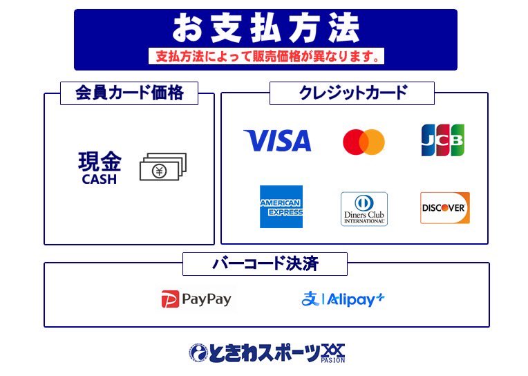 t_machida_fb's tweet image. お支払いがもっと便利に💳

これまでの VISA・Mastercard に加え、
JCB・AMEX・Diners・Discover が新たにご利用いただけるようになりました！
より快適にお買い物をお楽しみいただけます🛍✨

⚠️お支払い方法により販売価格が異なります。

#ときわスポーツ #町田 #相模原
