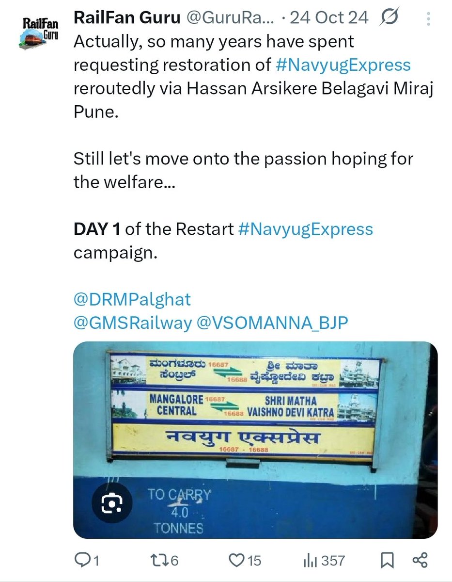 GuruRailfan's tweet photo. More than 365 days of campaigning &amp; years of pleas for the #NavyugExpress.
The official reply: “16 paths busy”.
@DRMPalghat @GMSRailway @SWRRLY: Why are we campaigning if you've already identified the problem? Stop the cycle of delay &amp; address the core issue! #RailInjustice ..1/2 https://t.co/rJzy2CYuiV