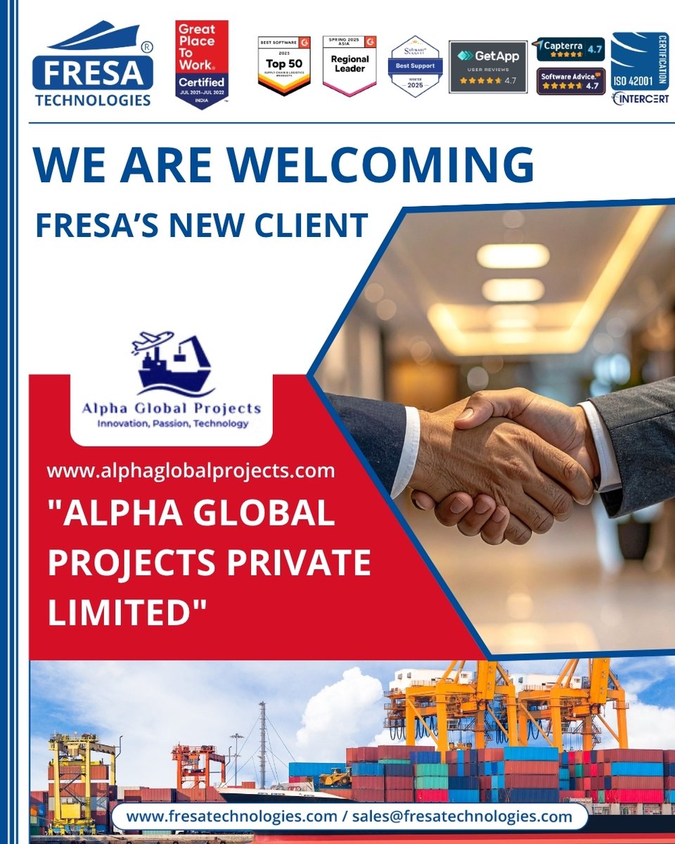 fresatechnology's tweet image. 🎉We are Welcoming Fresa&apos;s New Client🤝🚀
&quot;ALPHA GLOBAL PROJECTS PRIVATE LIMITED &quot;

For more queries please visit below link 👇
fresatechnologies.com/about-us/servi…

#Fresa #Freightsolutions #FresaGold #ERPSoftware #Welcome #Client #NewCustomer #Onboard #Newclient #alphaglobalprojects