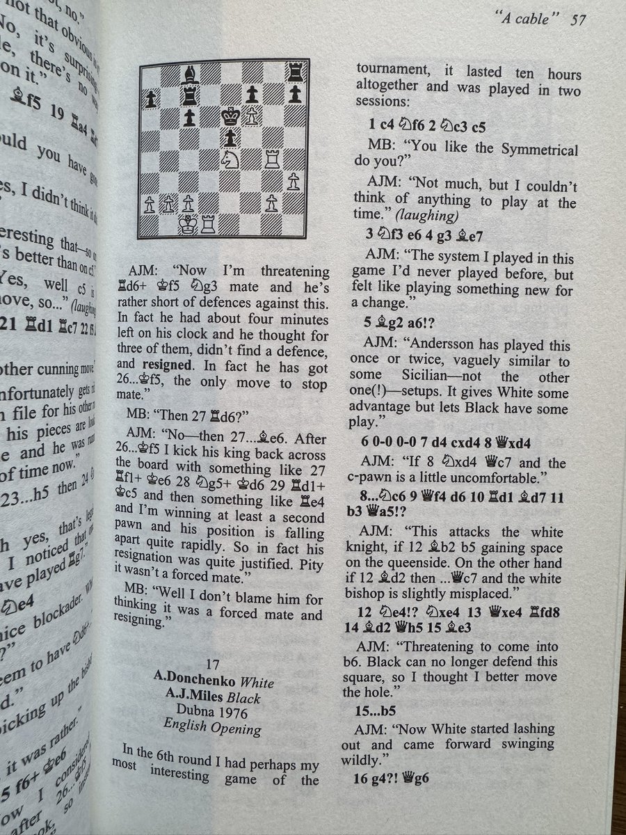 dgriffinchess's tweet image. Donchenko v. Miles, Dubna 1976 (from &apos;It&apos;s Only Me&apos;; Batsford, 2003).
The event in Dubna (USSR) was where Miles became England&apos;s first GM. His opponent in this game, A.G. Donchenko (b. 1940) is the father of Alexander Donchenko, who is currently playing in the #FIDEWorldCup2025.