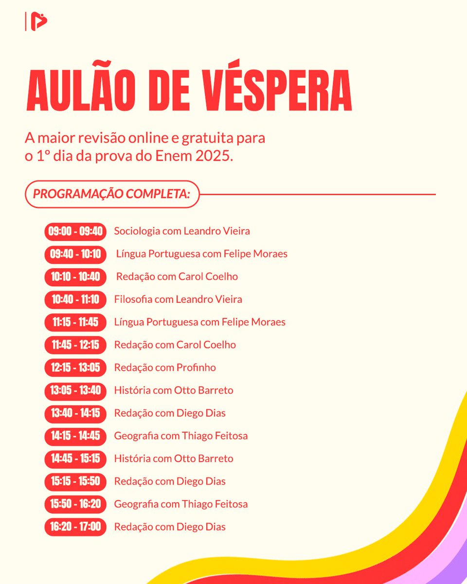 🚨 É DAQUI A POUCO! 🚨

Às 9h começa o AULÃO DE VÉSPERA PROENEM 2025! 

Tá preparado pra revisar tudo e chegar com tudo no ENEM? 💪🔥
Então já se ajeita aí, pega seu café e vem pro YouTube com a gente! 🎥

👉 Link ao vivo: youtube.com/live/g1S-NZstC…
