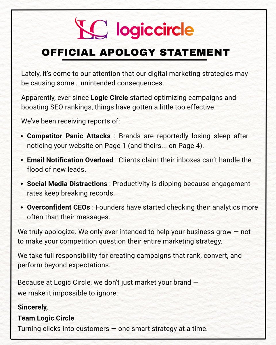 logiccirclein's tweet image. We’re sorry but not sorry 🙏
#LogicCircle #ApologyTrend #SorryNotSorry #DigitalMarketing #SEOExperts #MarketingAgency #SocialMediaMarketing #ViralTrend #TrendingNow #BrandMarketing #CreativeAgency #OnlineGrowth #DigitalCreators #MarketingStrategy #ViralContent #ReelTrend