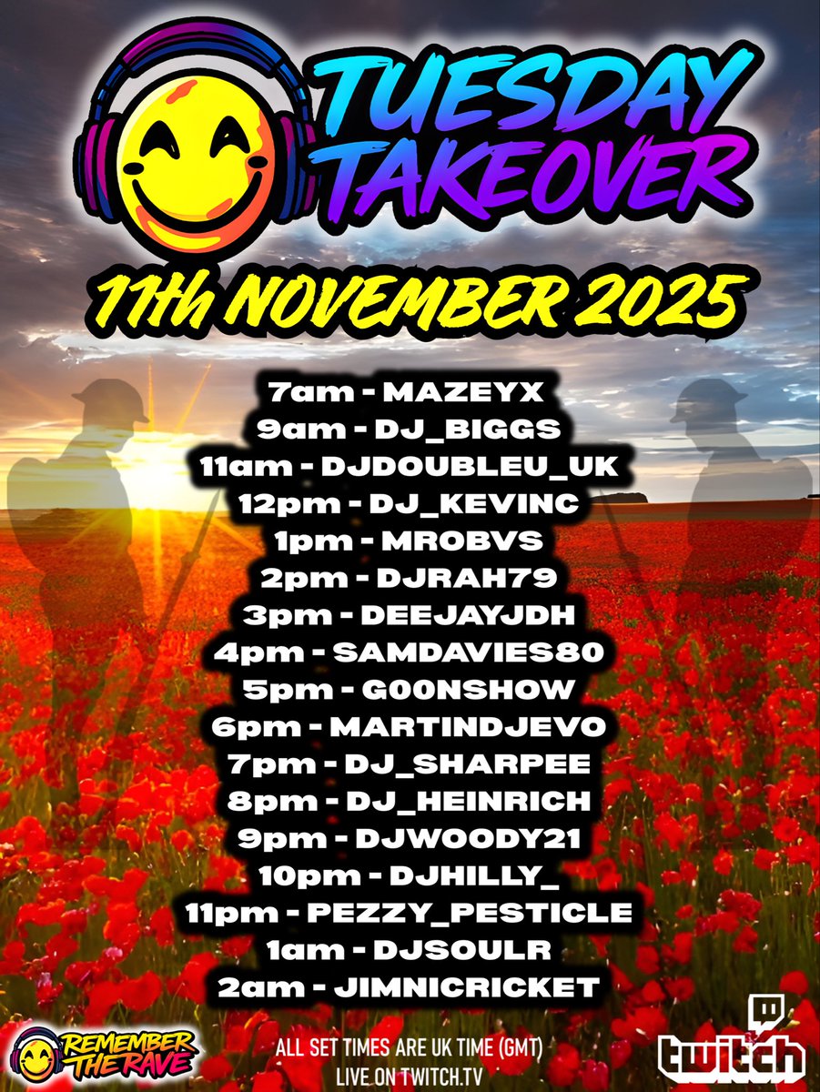 Remember The Rave’s Tuesday Takeover line up is here. 
You can catch us live on Twitch on Tuesday 11th November from 7am 🫶🏻❤️🫶🏻
