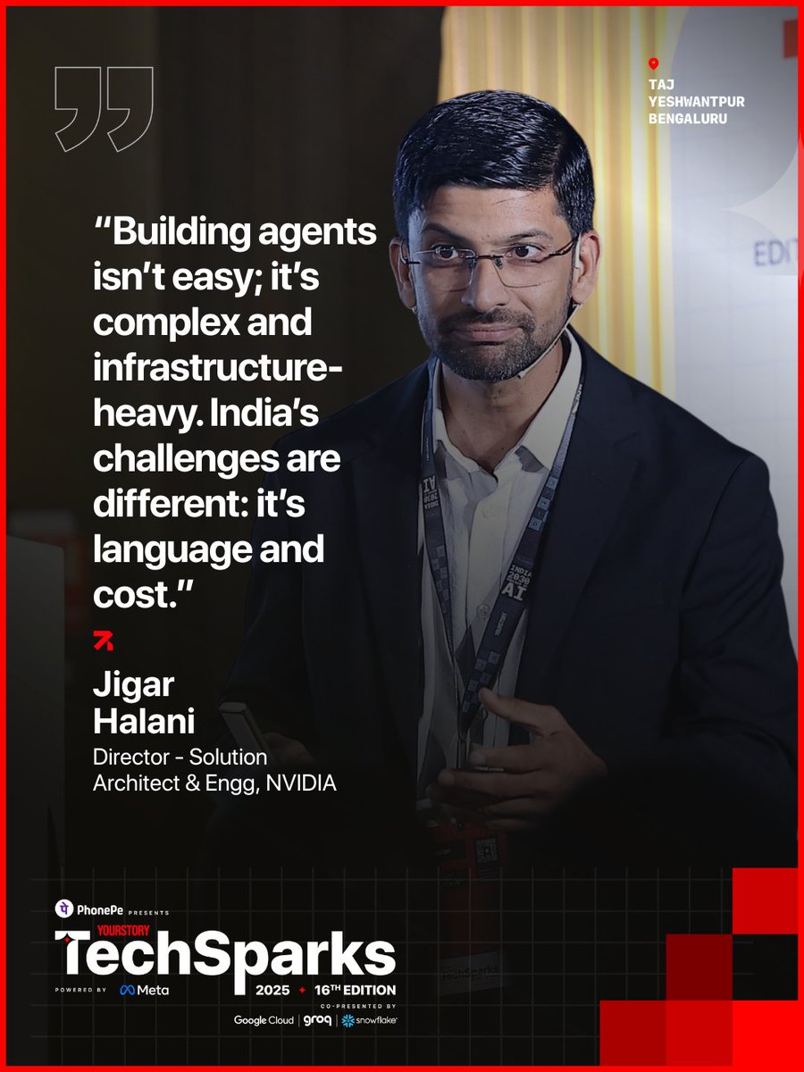 _TechSparks's tweet image. At #TechSparks2025, @JigarHalani3 of @nvidia: India&apos;s AI path differs from the West. &quot;We don&apos;t lack talent; our challenges are language and cost.&quot; India turns late starts into leadership. Its edge: compute efficiency and building, not buying.

@YourStoryCo