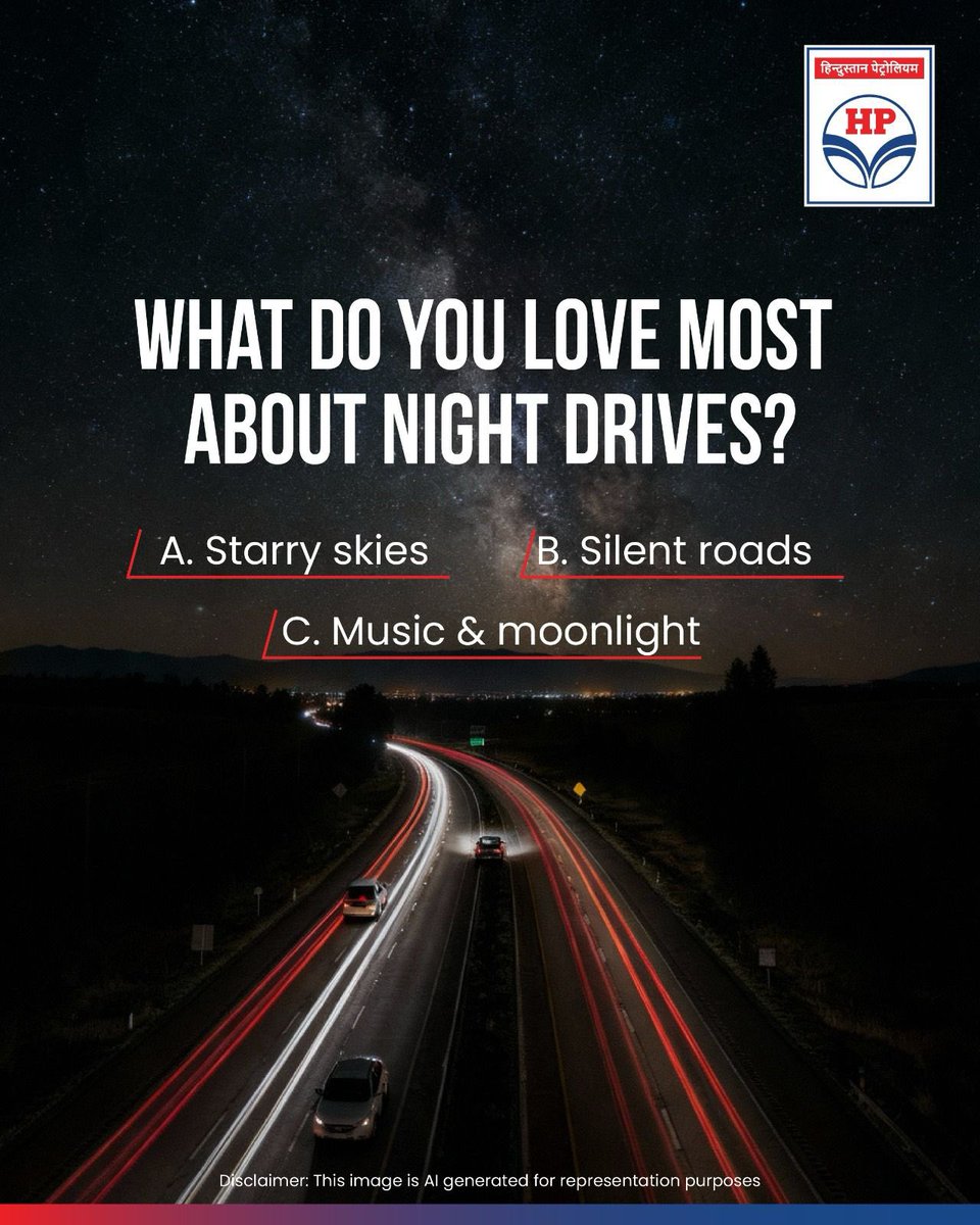HPCL's tweet image. When the world sleeps, where does your steering take you? 🌌

⭐ A. To starry skies
🚗 B. Down silent roads
🎧 C. Into a world of music &amp;amp; moonlight

Share your favourite part of night drives! 🌙

#HPCL #DeliveringHappiness #NightDrive