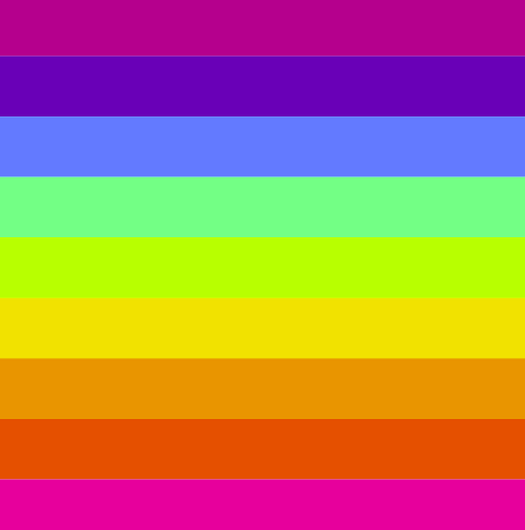 charleslivefree's tweet photo. This could use a tune-up but I always wondered what a tertiary rainbow might look like.
'#C71585', // Red-violet
'#6A0DAD', // Violet-blue
'#1E90FF', // Blue-green (dodger blue)
'#00FA9A', // Green-yellow (medium spring green)
'#ADFF2F', // Yellow-green (green yellow)
'#FFD700', // Yellow-orange (gold)
'#FF8C00', // Orange-red (dark orange)
'#FF4500', // Red-orange (orange red)
'#FF1493', // Red-violet (deep pink)