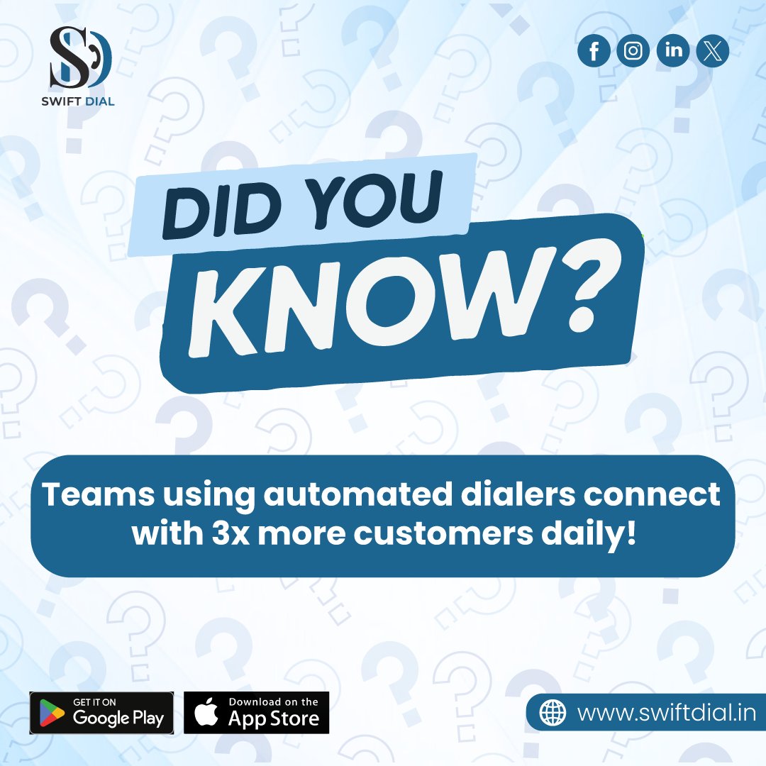 SwiftDial297's tweet image. 💡 Did you know?
Teams using automated dialers connect with 3x more customers daily! 🚀
👉 swiftdial.in
#SwiftDial #DidYouKnow #Automation #CallCenterTech #CloudTelephony #VoIP #BusinessGrowth #DigitalTools