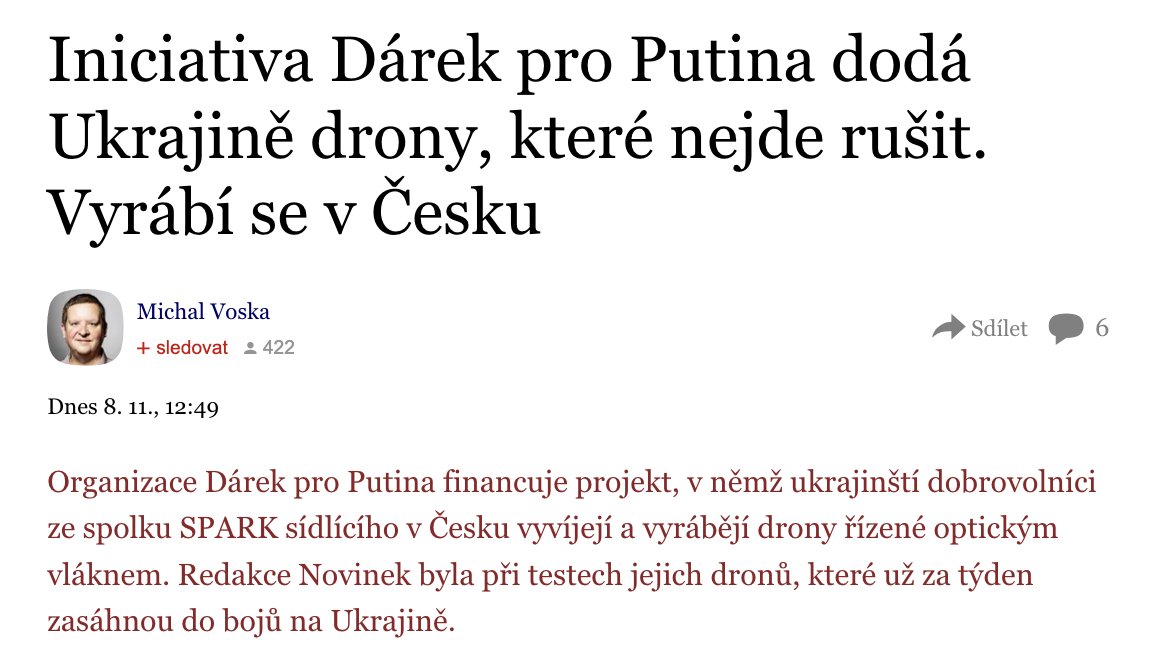 "Na utajeném polygonu kdesi v české krajině se rozléhá ostrý pištivý zvuk. Vzduch se zachvěje, čtyři vrtule se roztočí a dron se ladně zvedá nad zem..." novinky.cz/clanek/domaci-…