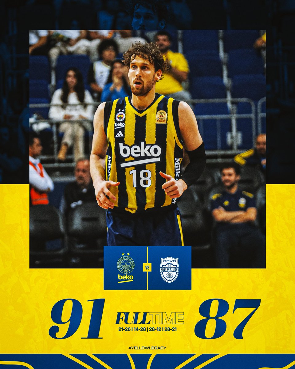 Maç Bizim! 💪

Tebrikler Fenerbahçe Beko! 👏

Maç Sonucu | Fenerbahçe Beko 🆚 Onvo Büyükçekmece Basketbol: 91-87

Skor dağılımımız: Baldwin 23, Jantunen 19, Biberovic 17, Horton-Tucker 9, Birch 7, Boston Jr. 5, Melih 5, Hall 4, Bacot 2. #YellowLegacy