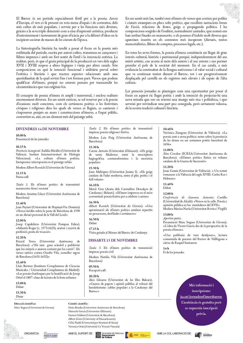📅 Avui tenim una visió molt transcendent de la poesia, però durant el Barroc hi havia versos per tot arreu i la majoria no tenien aquestes aspiracions. Aquesta setmana en parlarem al <a href="/museudelbarroc/">Museu del Barroc de Catalunya</a> amb un bon grapat d'experts. Us hi esperem!  

ja.cat/jornadesefimer…