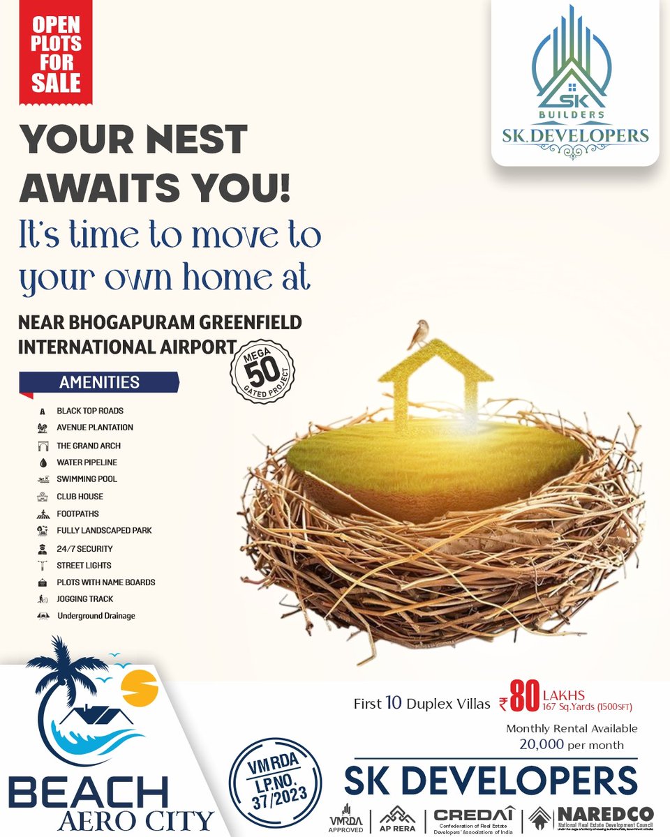 InfoS58014's tweet photo. 🏡Your Dream Home Awaits Near Bhogapuram Airport!✈️
Move into luxury living at BEACH AERO CITY by SK Developers — a MEGA 50 Gated Project near the Greenfield International Airport.
✨ Highlights:
✅ Black Top Roads | Clubhouse | Swimming Pool
✅ Landscaped Park | 24/7 Security | https://t.co/iUXHGr0EDo