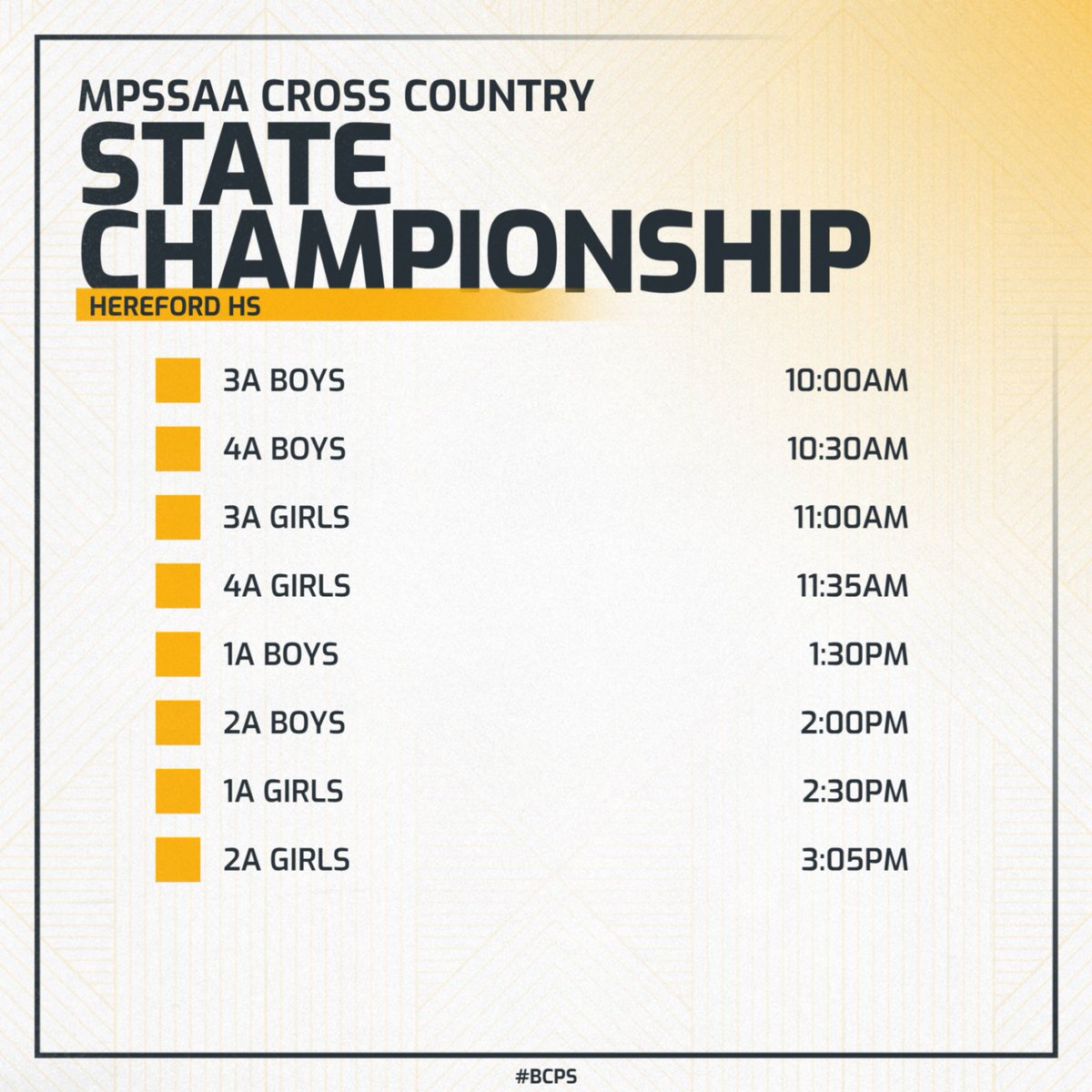 Good luck to all <a href="/BaltCoPS/">Baltimore County Public Schools</a>  cross country athletes at the 50th running of the <a href="/MPSSAA_Org/">MPSSAA</a>  state championship today at Hereford HS! Run like the wind!! <a href="/BCPSSportsScene/">Sports Scene</a>