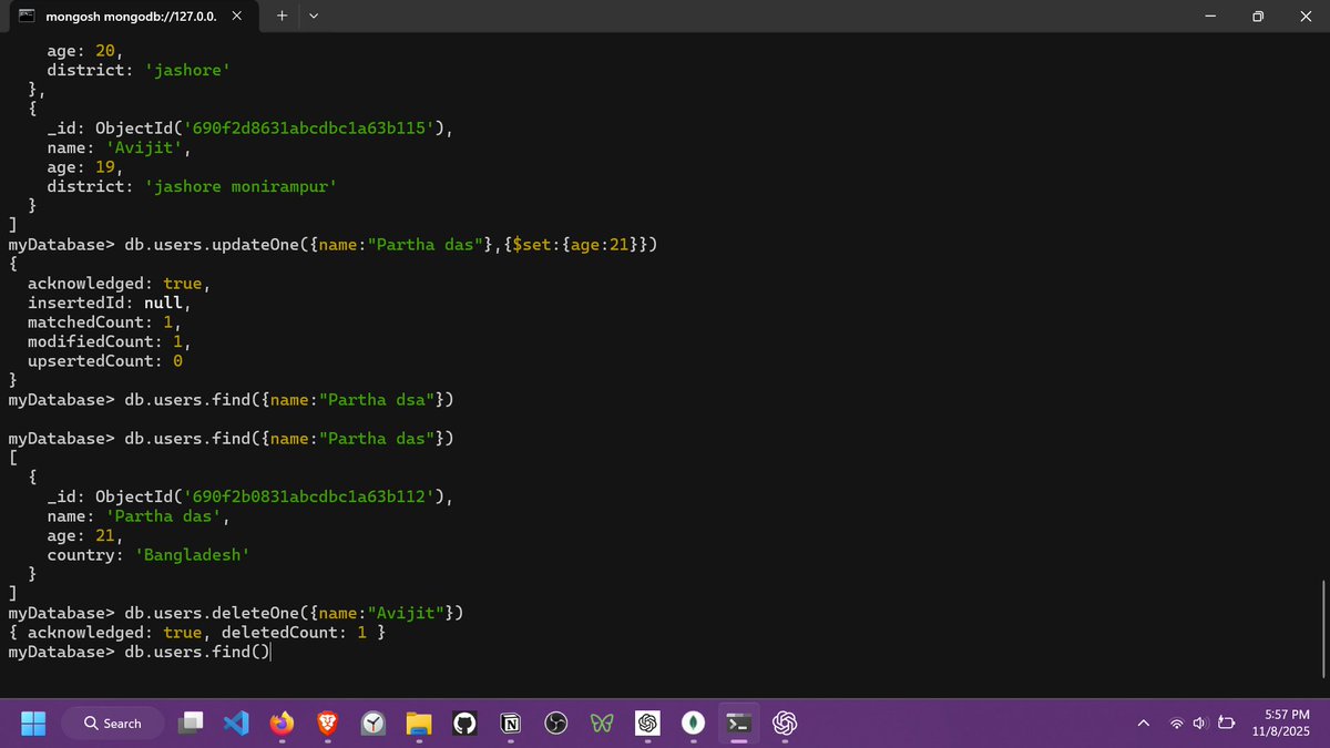 Parthodasm23's tweet image. mongoDB CRUD operations in shell  #100DaysOfCode