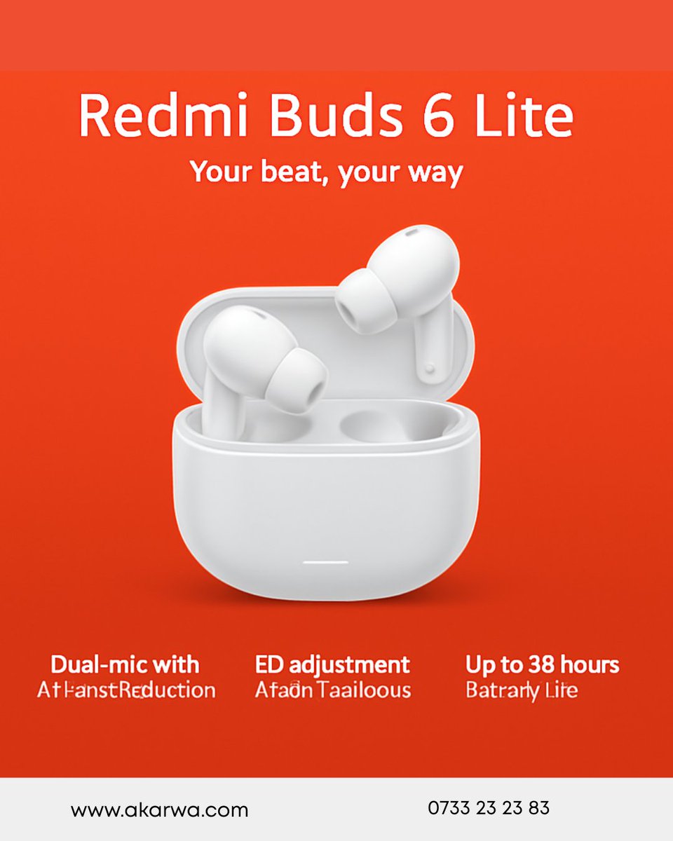 akarwa_store's tweet image. Big sound. Small buds. 🔊
Enjoy clear calls, deep bass &amp;amp; all-day comfort with the Redmi Buds 6 Lite — perfect for workouts, work &amp;amp; travel.
✅ Pay upon Delivery | ✅ 3 Months Warranty
Grab yours 👉 akarwa.com
 | 📞 0733232383
#RedmiBuds6Lite #Akarwa #WirelessFreedom