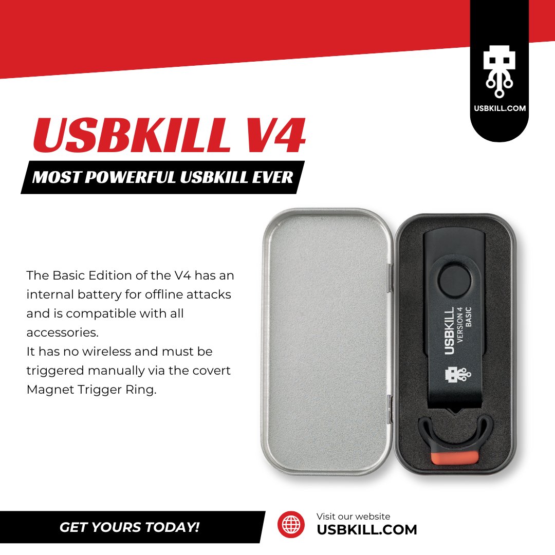 USBKill's tweet image. Get the job done with USBKill V4 Basic. Magnetic Trigger ensures precision testing every time! 🧲🔋 l.usbkill.com/JCAUc 
#HardwareTesting #USBKillV4 #USBKill #Pentesting #infosec #security #RedTeam