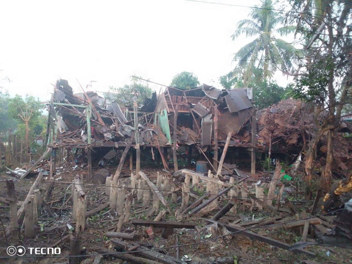 ArakanBaynews's tweet photo. Junta Expands Aerial Attacks Across Rakhine; Pauktaw, Ponnagyun, Rathedaung and Minbya Bombed in 48 Hours

AB News | November 8, 2025

The Myanmar junta has intensified its air campaign across Rakhine State, bombing Pauktaw, Ponnagyun, Rathedaung, and Minbya over the past two days, killing at least 12 civilians and injuring more than 20, according to local sources.

Pauktaw Town Bombed

At around 2:00 p.m. on November 8, a junta jet fighter dropped 500-pound bombs near Pauktaw High School, followed by machine-gun fire from the aircraft.
Residents reported blasts in residential areas, though casualties have not yet been confirmed due to communication disruptions and ongoing air threat.

Ponnagyun and Rathedaung – Two IDPs Killed

Earlier the same afternoon, the junta bombed Kyauk Than Khae Village in Ponnagyun Township, killing two displaced civilians who had fled earlier fighting.
The junta also bombed Kyein Thar Village in Rathedaung Township, firing from the aircraft as it pulled away. Casualty details from Kyein Thar are still being confirmed.

Minbya – Five Killed Including Two Schoolgirls

On the night of November 7, the junta bombed Myo Thit Ward in Minbya town, killing five people, including two schoolgirls, and injuring ten more.
Homes were destroyed and rescue teams had to collect body remains from the rubble.

Ponnagyun – Five More Killed in Village Bombing
Hours earlier on November 7, a junta jet bombed Yoetaroke Village in Ponnagyun, killing five civilians — four women and one man — and injuring seven others.

A suicide drone attack on Aung Phyu Pyin Village the same morning also left one elderly woman injured.
In Kwant Taung Village, the junta fired 120mm artillery from LIB-344, injuring one elderly man.

Pattern and Intent

Residents say the attacks targeted civilian-populated areas, not active frontline positions.
People across these townships now live in constant fear, sleeping in paddy field bunkers or trenches, listening for aircraft at all hours.

Humanitarian workers warn that displaced villagers living in makeshift shelters are the most exposed and least able to protect themselves from aerial bombardment.