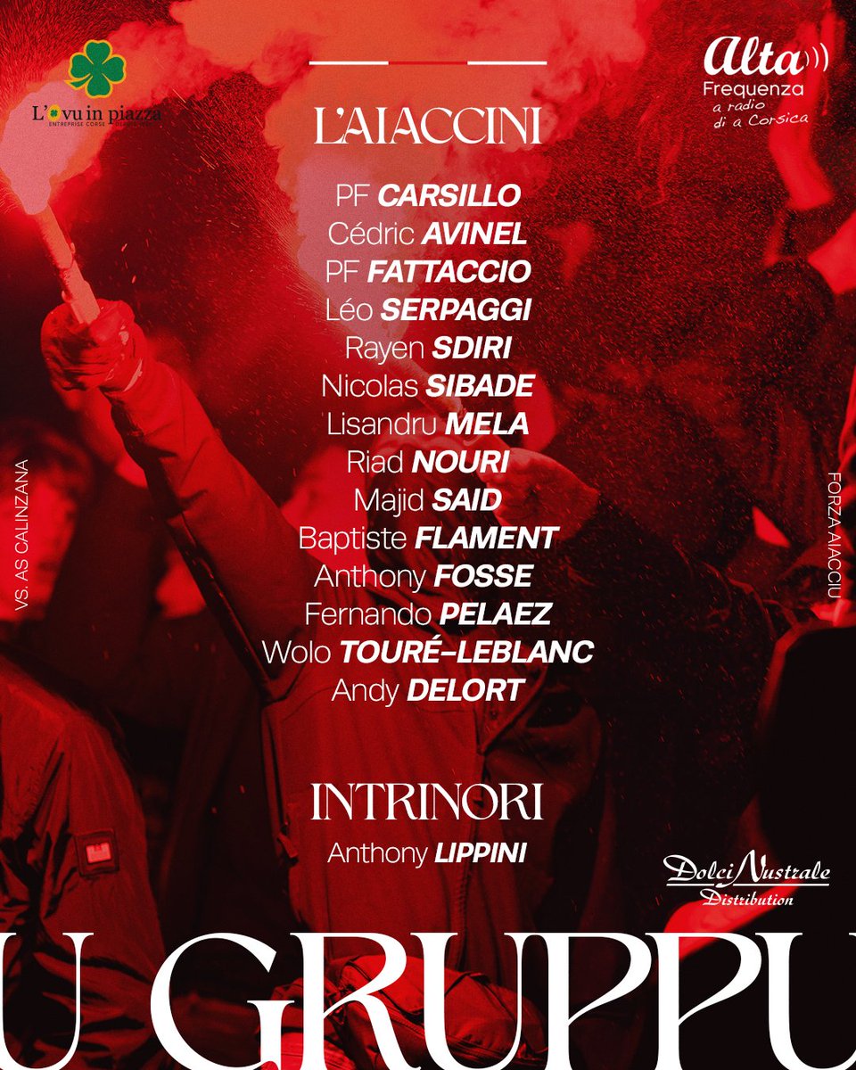 𝐔 𝐆𝐑𝐔𝐏𝐏𝐔 𝐀𝐈𝐀𝐂𝐂𝐈𝐍𝐔

Découvrez les 14 joueurs retenus par Antò Lippini pour affronter l'AS Calinzana demain au Stiletto (16h). 

Forza Aiacciu ! #OrsuEternu #ACAjaccio