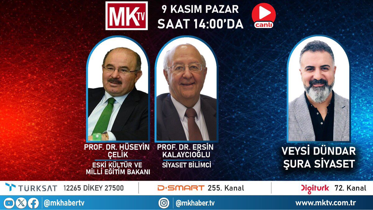 🎙️ MK Haber TV’de, Veysi Dündar (<a href="/VEYSIIDUNDAR/">Veysi Dündar</a>) moderatörlüğünde yayınlanan "Şura Siyaset" programının konuğuyum. 

🗓️ 9 Kasım 2025 | Pazar
🕑 14:00
📡 TÜRKSAT 12265 Dikey 27500
📺 Digitürk 72. Kanal
📺 D-Smart 255. Kanal