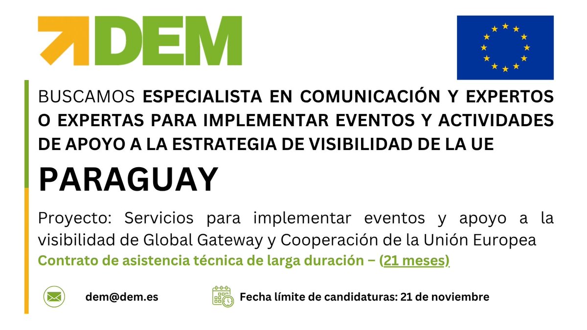 devmultilateral's tweet image. 📣 #oportunidad #UE #Paraguay
🇪🇺🇵🇾Buscamos especialista en comunicación para Paraguay ➡️ developmentaid.org/jobs/view/1679…
Y también expertos/as en organización de eventos ➡️ developmentaid.org/jobs/view/1679…
¡Aplica antes de la fecha límite! #Empleo #CooperaciónInternacional #Comunicación