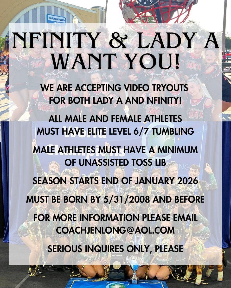 CheerForceSD's tweet image. Calling all top-tier athletes! 🔥
Nfinity &amp;amp; Lady A are on the hunt for powerhouse talent 💪
💥 Female athletes with elite tumbling
💥 Male athletes with elite tumbling and stunting skills
Think you’ve got what it takes? Show us!
🎥 Video submissions due by Monday, December 1st