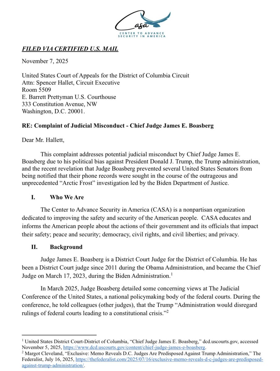 SecureUSA's tweet image. 🚨 CASA has filed an official judicial ethics complaint against Chief Judge James Boasberg for approving secret DOJ subpoenas targeting GOP Members of Congress WITHOUT their knowledge. Boasberg enabled one of the most disturbing episodes of political surveillance in modern…