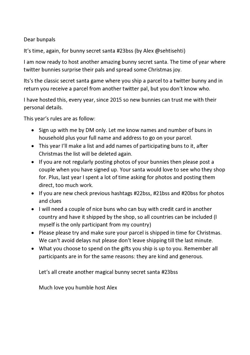 #25bss 
Hey, pals, remember it's time for Bunny Secret santa. If you want to join, please remember to sign up before next Sunday, the 16th. And please let me know my DM.
Hey, pals help spread the word. We are 29 bunny homes, so far, but we want more