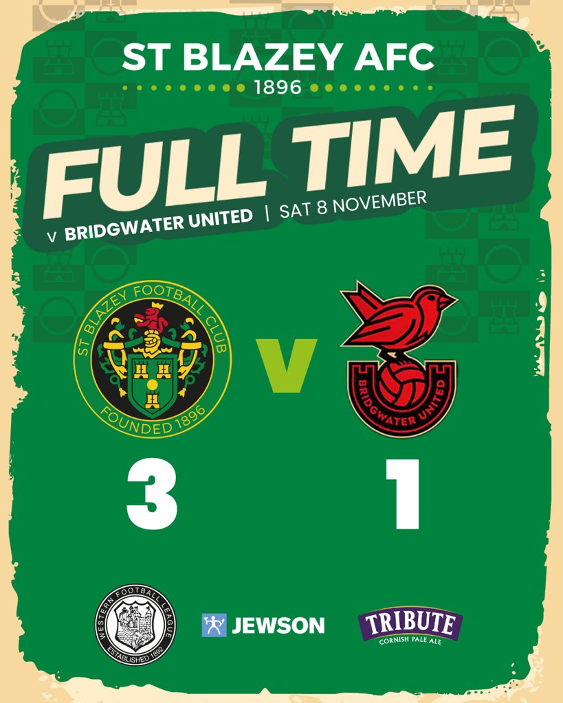 Full Time -

Blazey 3 - 1 <a href="/BridgwaterUtd/">Bridgwater United FC</a> 

A big three points! Team spirit today from the lads was unbelievable. Goals from Harry Probyn (2) and Callum McGhee.

💚🖤