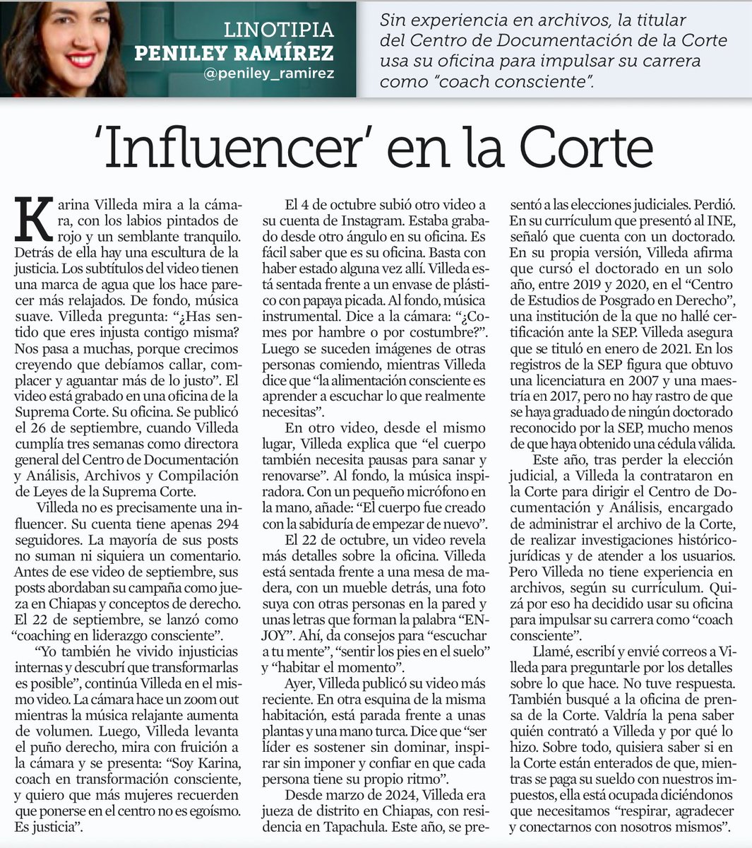 1️⃣ Hoy en <a href="/Reforma/">REFORMA</a>, la periodista <a href="/penileyramirez/">Peniley Ramírez 🥑</a> publica “Influencer’ en la Corte”: un retrato demoledor de cómo una funcionaria de la <a href="/SCJN/">Suprema Corte</a> convirtió su oficina —sí, la oficina pública donde se resguardan leyes y archivos del país— en set de grabación para dar consejos de