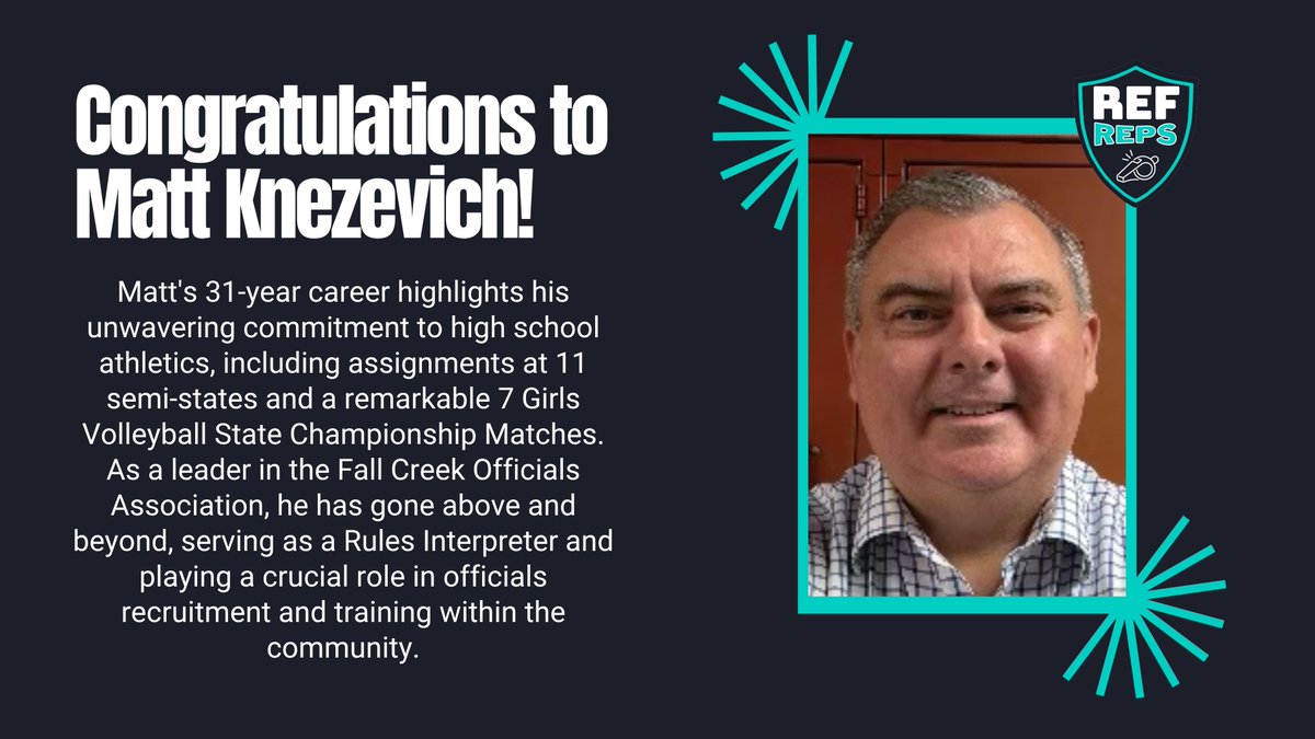 RefReps's tweet image. Congrats to RefReps instructor Matt Knezevich for being named the 2025-26 @IHSAA Outstanding Official Award for Girls Volleyball!  After 31 years of dedication, 7 State Finals, and vital leadership in the Fall Creek Officials Association, this honor is well deserved.