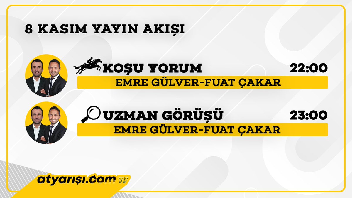 BU AKŞAMIN YAYIN PROGRAMI;

🐴 Saat 22:00’de günün koşularının değerlendirildiği KOŞU YORUM

🐴 Saat 23:00’te bir sonraki günün değerlendirildiği UZMAN GÖRÜŞÜ 

<a href="/emregglvr/">emre gökhan gülver</a> <a href="/FuatCakar796/">Fuat çakar</a> 
 
Kanala Abone Olmak İçin --&gt; youtube.com/@atyarisi_com