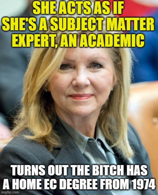 PopeJamesSwink's tweet photo. @MarshaBlackburn It's a miracle this woman made it into elected office.  She's not qualified to be a crossing guard. https://t.co/5R87pN5XlY