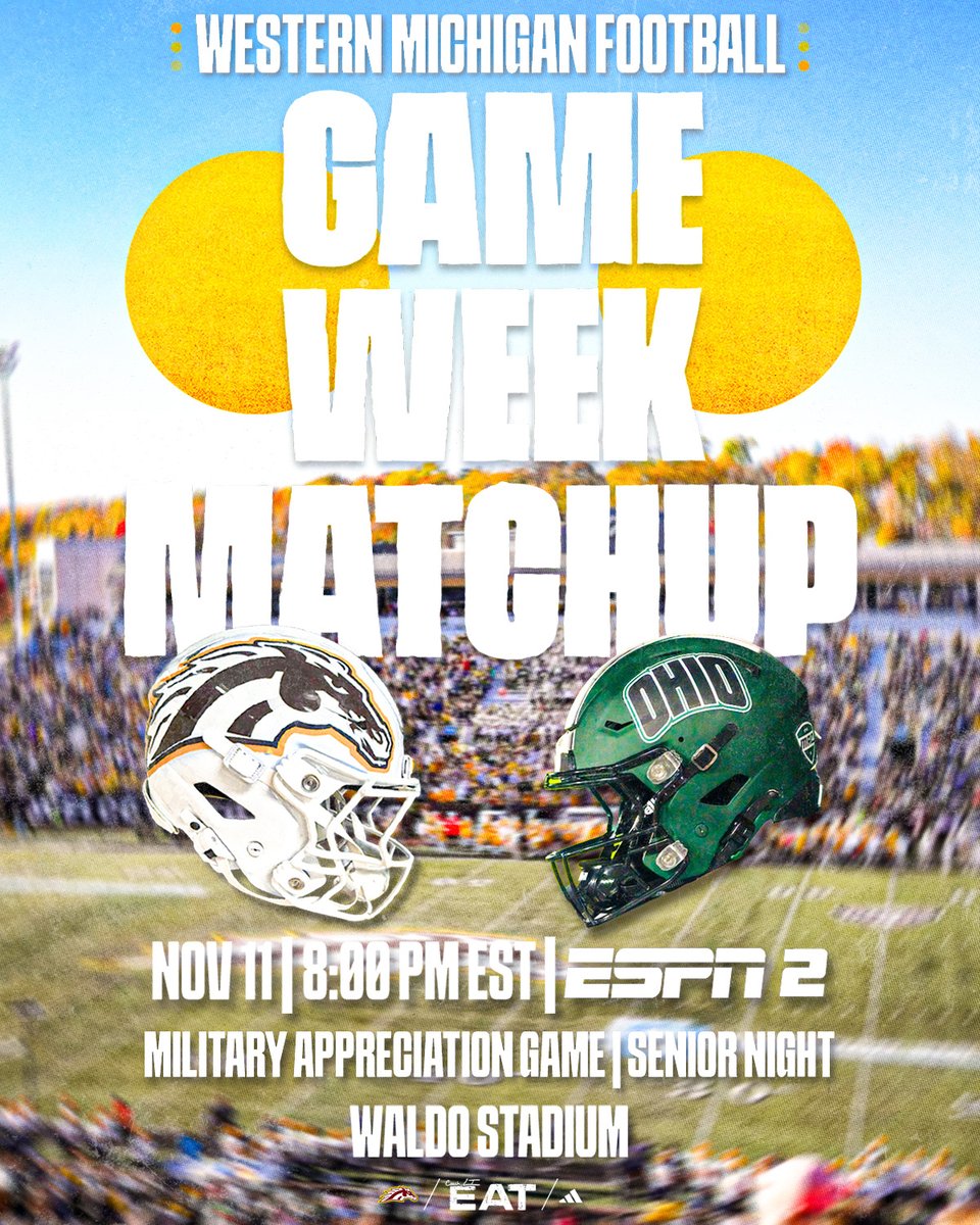WMU_Football's tweet photo. Week 1⃣1⃣ matchup! The Broncos will Kickoff against the Bobcats at 8PM EST, on ESPN2.

#GRIT | #EAT https://t.co/WAZPEDFazx