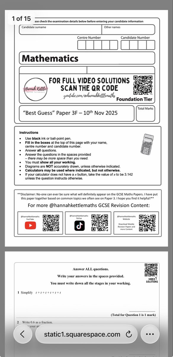 “Best Guess” Predicted Paper for Edexcel Foundation Paper 3 is up. Video going through it on my YouTube too via the QR code. static1.squarespace.com/static/67560f5…