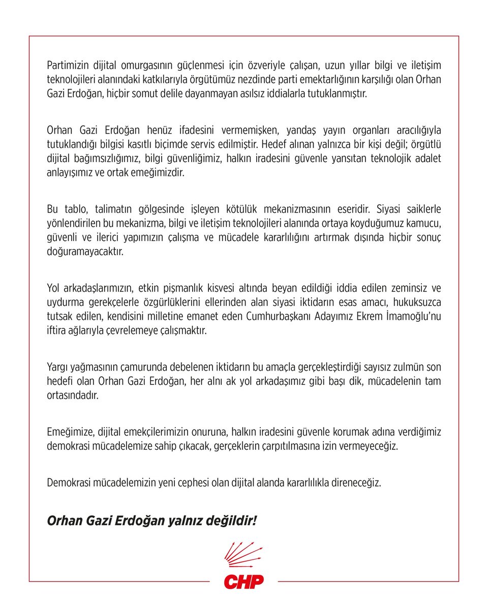 uzunpinar91's tweet image. Siyasi iktidarın sayısız zulmünün son hedefi olan Orhan Gazi Erdoğan, her alnı ak yol arkadaşımız gibi başı dik, mücadelenin tam ortasındadır.

Hedef alınan yalnızca bir kişi değil; örgütlü dijital bağımsızlığımız, bilgi güvenliğimiz, halkın iradesini güvenle yansıtan teknolojik…