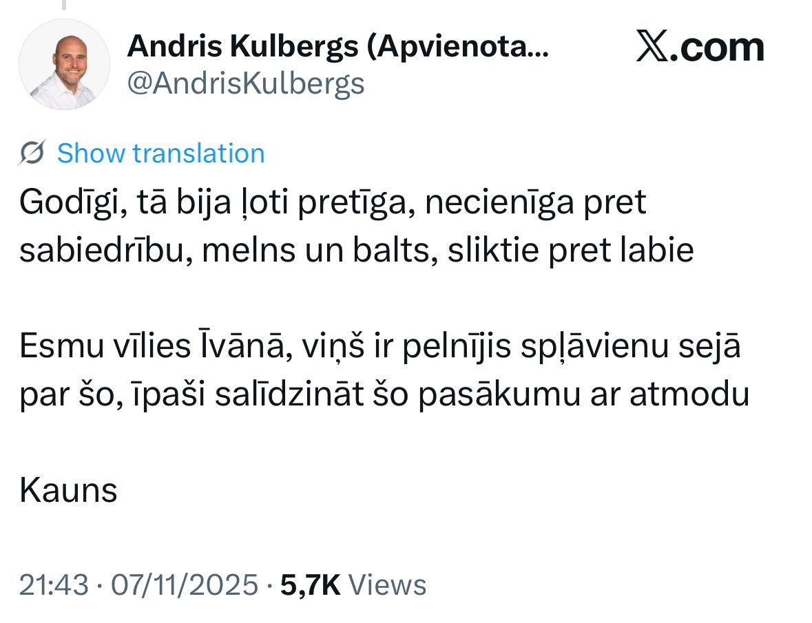 Pat tad, ja/kad <a href="/AndrisKulbergs/">Andris Kulbergs (Apvienotais Saraksts) 🇺🇦🇱🇻</a> sapratīs savu kļūdu un publiski atvainosies Atmodas līderim Īvānam, šos vārdus par nebijušiem nekas vairs nepadarīs. Neticama arogance, nepieklājība un vienkārši muļķība 😱😱😱