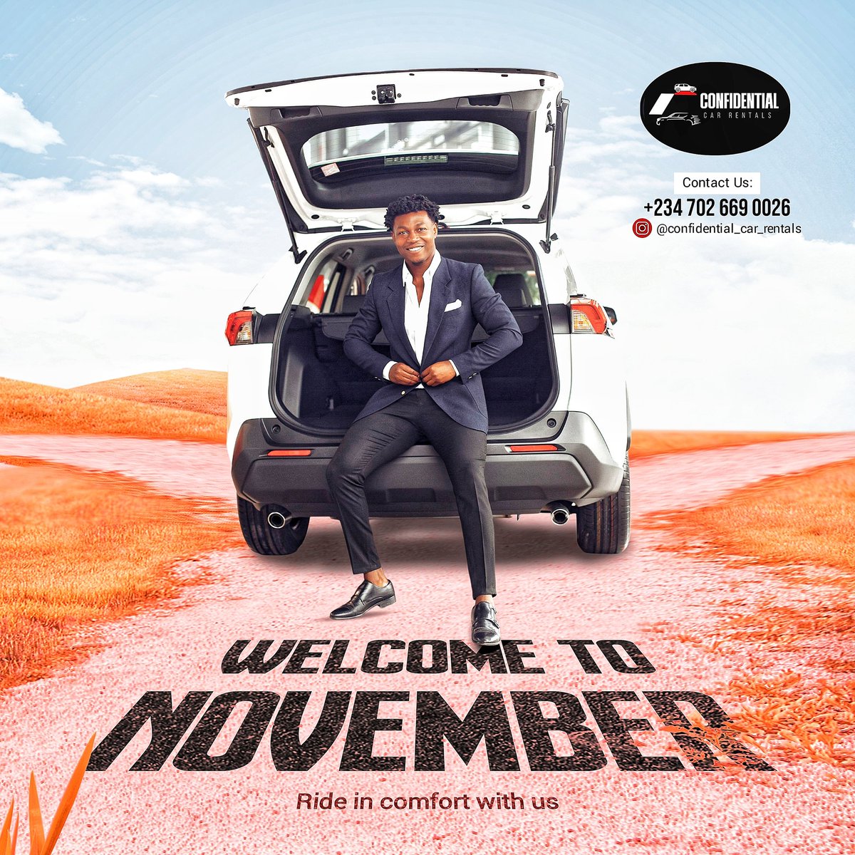 DESWEAM's tweet photo. Bringing Brand Stories to Life — One Visual at a Time.

For *Confidential Car Rentals*, we didn’t just design a "Welcome to November" post — we crafted a bold brand experience.  
From the *elegant styling of the model*, to the *open-trunk positioning* that invites you in... https://t.co/UIAzyiriTD