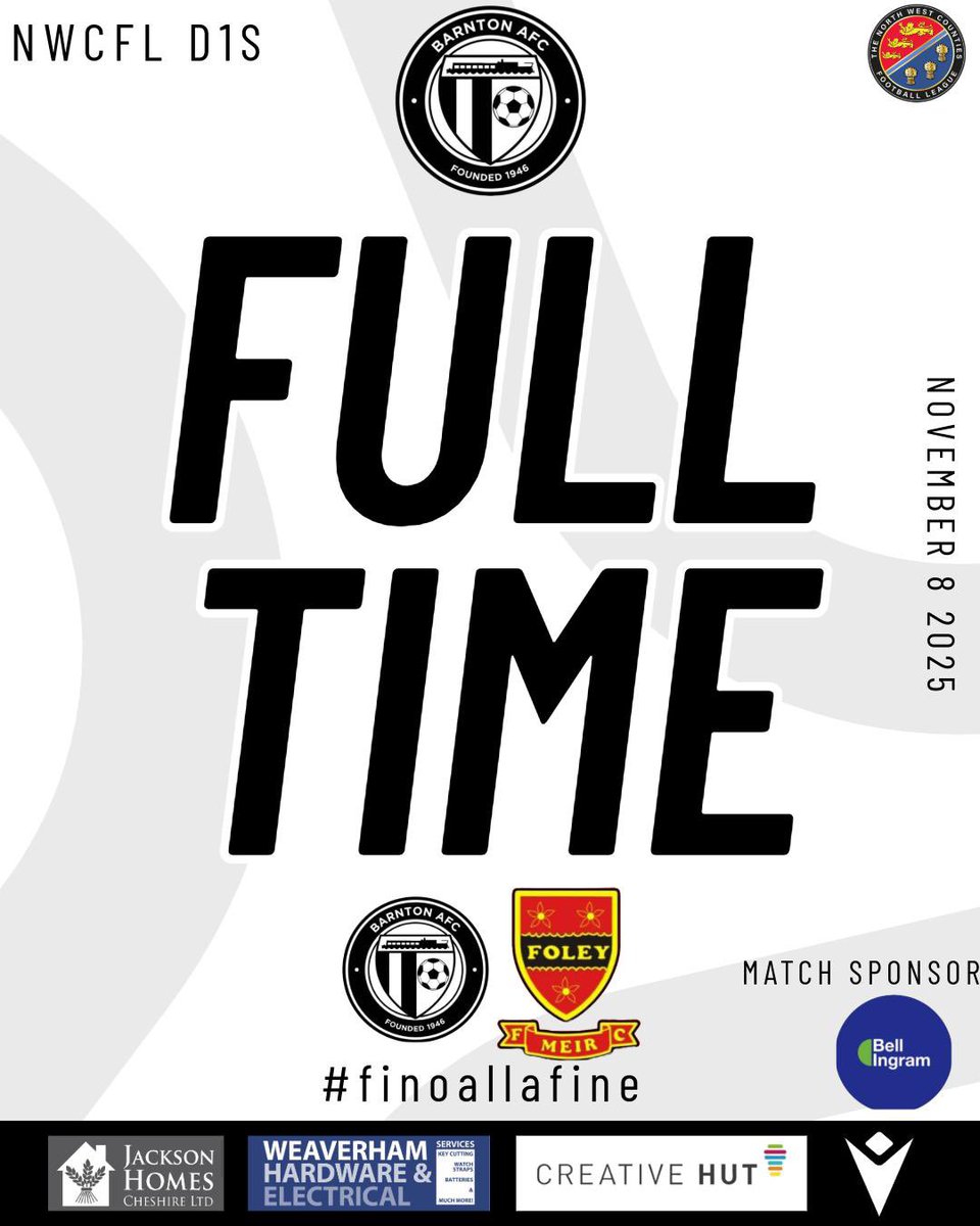 barntonfc's tweet photo. FULL TIME
Barnton 2–1 Foley Meir
We take all three points after an entertaining contest! ⚽️
Goals from Babayale in the first half and Hind in the second secure the win for Barnton 💪🖤🤍
#BarntonFC #UpTheVillagers #finoallafine https://t.co/bIEOSm802t