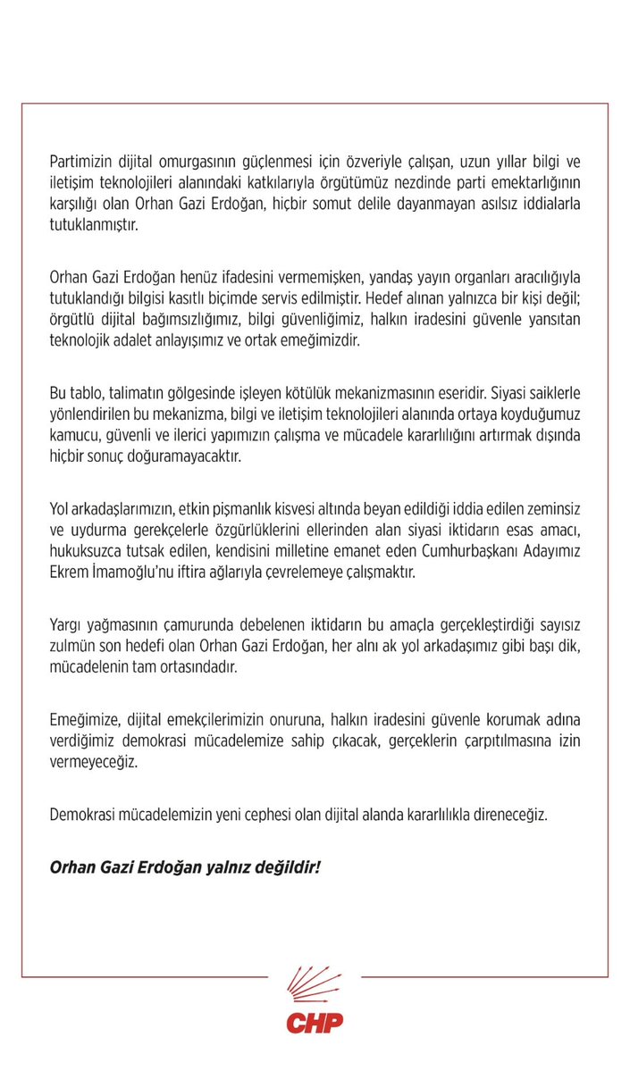 Hiçbir somut delil olmadan, asılsız iddialarla tutuklanan yol arkadaşımız Orhan Gazi Erdoğan yalnız değildir!

Dijital emeğe, halkın iradesine ve adalet mücadelesine sahip çıkıyoruz.

#OrhanGaziErdoğanYalnızDeğildir