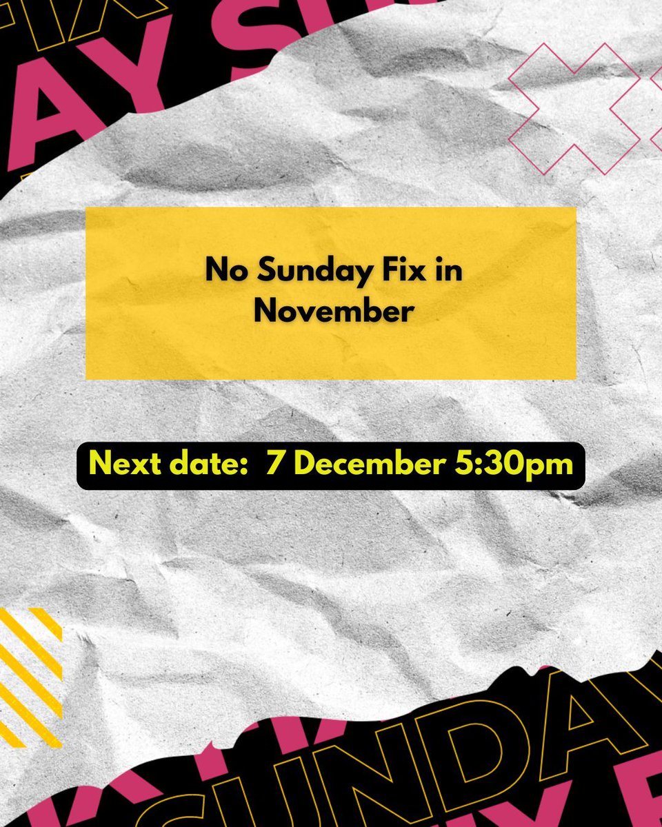 There's no Sunday Fix this month as we're in full Voila mode.

Our last Sunday Fix of the year will be on 7 December 2025 at 5:30pm. 

Script submissions are still closed; however, folks can join the creative pool at any time by emailing sundayfix@baronscourttheatre.com.