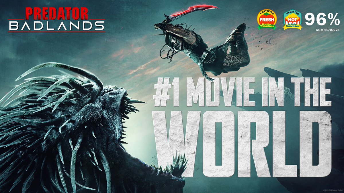 Predator: Badlands is now the #1 movie in the world. 

Experience it for yourself on the big screen and get tickets now: Fandango.com/PredatorBadlan…