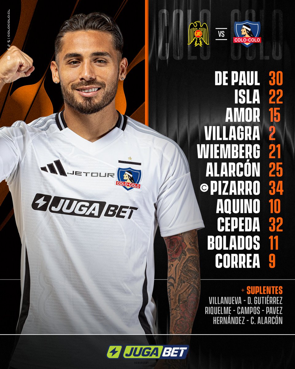 ColoColo's tweet photo. ¡𝐕𝐀𝐌𝐎𝐒 𝐂𝐀𝐂𝐈𝐐𝐔𝐄! 

La 𝗙𝗢𝗥𝗠𝗔𝗖𝗜𝗢́𝗡 𝗧𝗜𝗧𝗨𝗟𝗔𝗥 de los albos para el partido por la #LigaDePrimeraItaú ante Unión Española, es presentada por @jugabet_cl 🤟🏻⚪️⚫️ 

#𝑉𝑎𝑚𝑜𝑠𝐶𝑜𝑙𝑜𝐶𝑜𝑙𝑜 • #𝐶𝑒𝑛𝑡𝑒𝑛𝑎𝑟100 https://t.co/xiV2ICyOlT