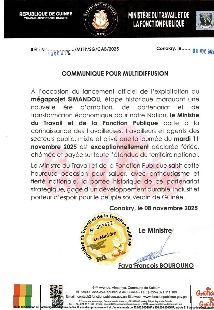 Mardi 11 novembre 2025 déclaré férié, chômé et payé à l’occasion du lancement officiel du mégaprojet Simandou