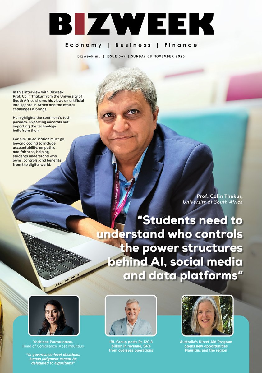bizweekmu's tweet image. “Students need to understand who controls the power structures behind AI, social media &amp;amp; data platforms” - Prof. Colin Thakur, University of South Africa.
@thakur_colin 

📖Read full article on: bizweek.mu

#BIZweek #Mauritius #Business #Economy #Diplomacy #Finance