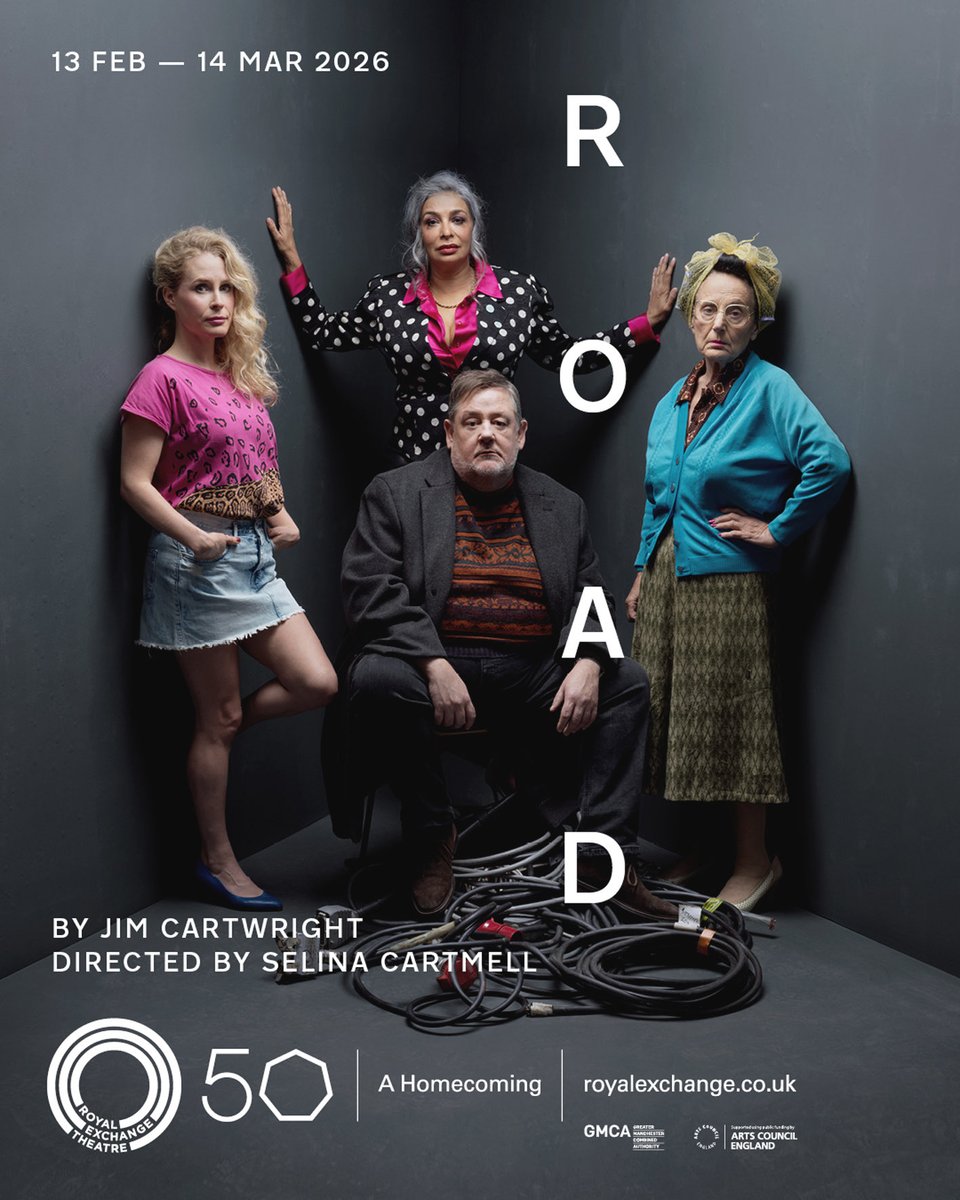 davidstewwwart's tweet image. Lucy Beaumont, Shobna Gulati, Johnny Vegas &amp;amp; Lesley Joseph group portrait for @rxtheatre 
A HOMECOMING 50TH ANNIVERSARY SEASON 2026 ROAD
BY JIM CARTWRIGHT
DIRECTED BY SELINA CARTMELL
13 FEB-14 MARCH 2026
CAMPAIGN POSTER BRANDING @brownsdesign 
@wrenagency @wrenldn #davidstewart