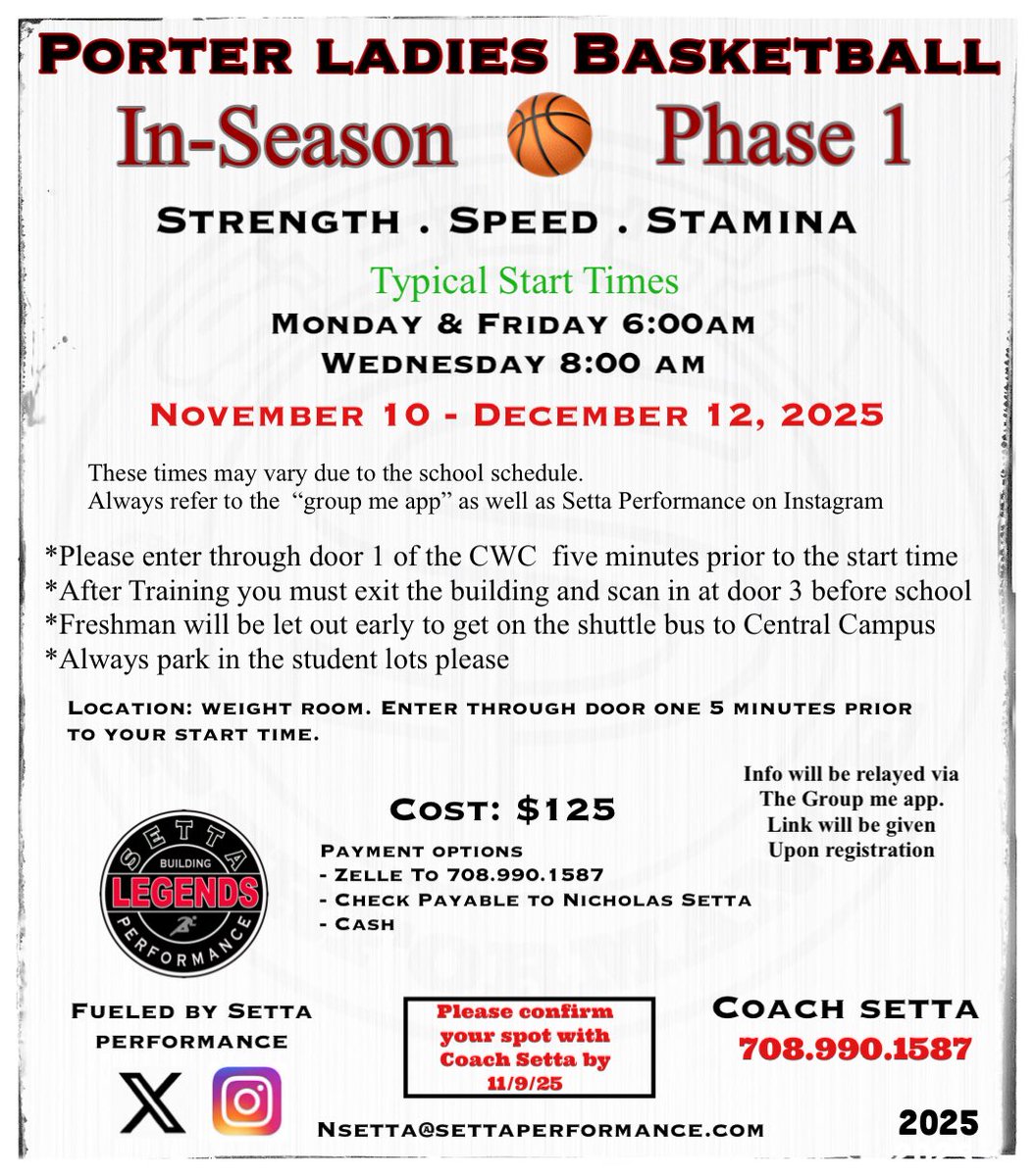 SettaPerform's tweet image. In-Season Training for Lockport Porter Ladies Basketball 🏀 will Start Monday 11/10/25. Please confirm your spot with coach Setta. 🏀 open to all levels 🏀 

To register ✍️
DM: Setta Performance on Twitter  
Text: 708.990.1587
