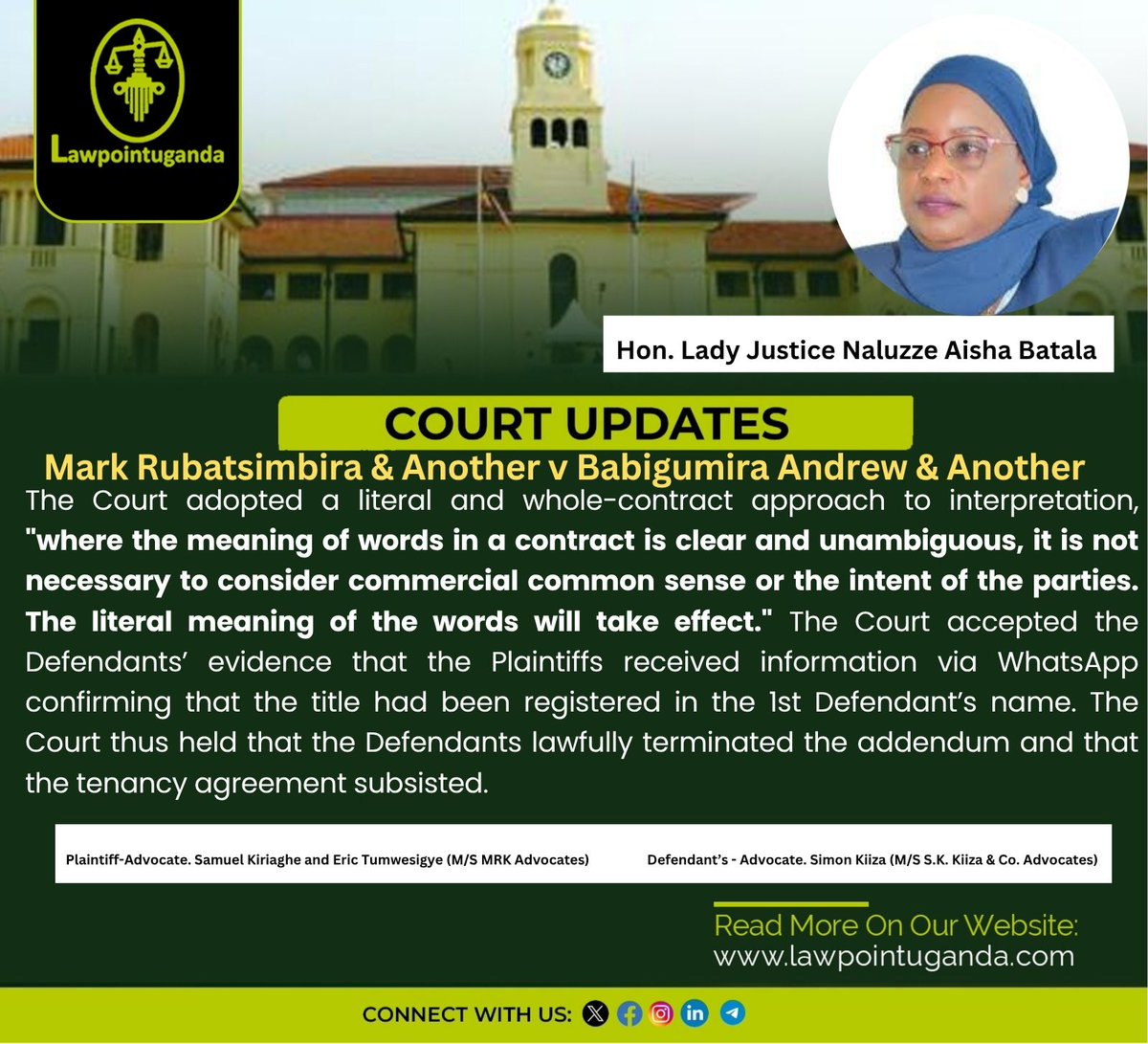 Lawpointuganda's tweet photo. Before you draft that land sale contract, read this

High Court Confirms WhatsApp Chats Constitute Valid Contractual Notice Under Land Sale Contracts; Termination Clause Rightfully Triggered Upon Title Transfer Notification.

Justice Naluzze held that the contract did not prescribe any specific mode of communication. Therefore, the WhatsApp message satisfied the requirement of “receipt of information.” She observed:

“The Plaintiffs have not denied that they received information that the title had been changed to the name of Babigumira Andrew. Hence, this Court can conclude that they received information that the title had been changed.”

The Court thus accepted that notification through WhatsApp constituted valid communication under Clause 5, marking a progressive recognition of electronic communication in contractual performance.

Read more
https://t.co/gtai0BT2RE