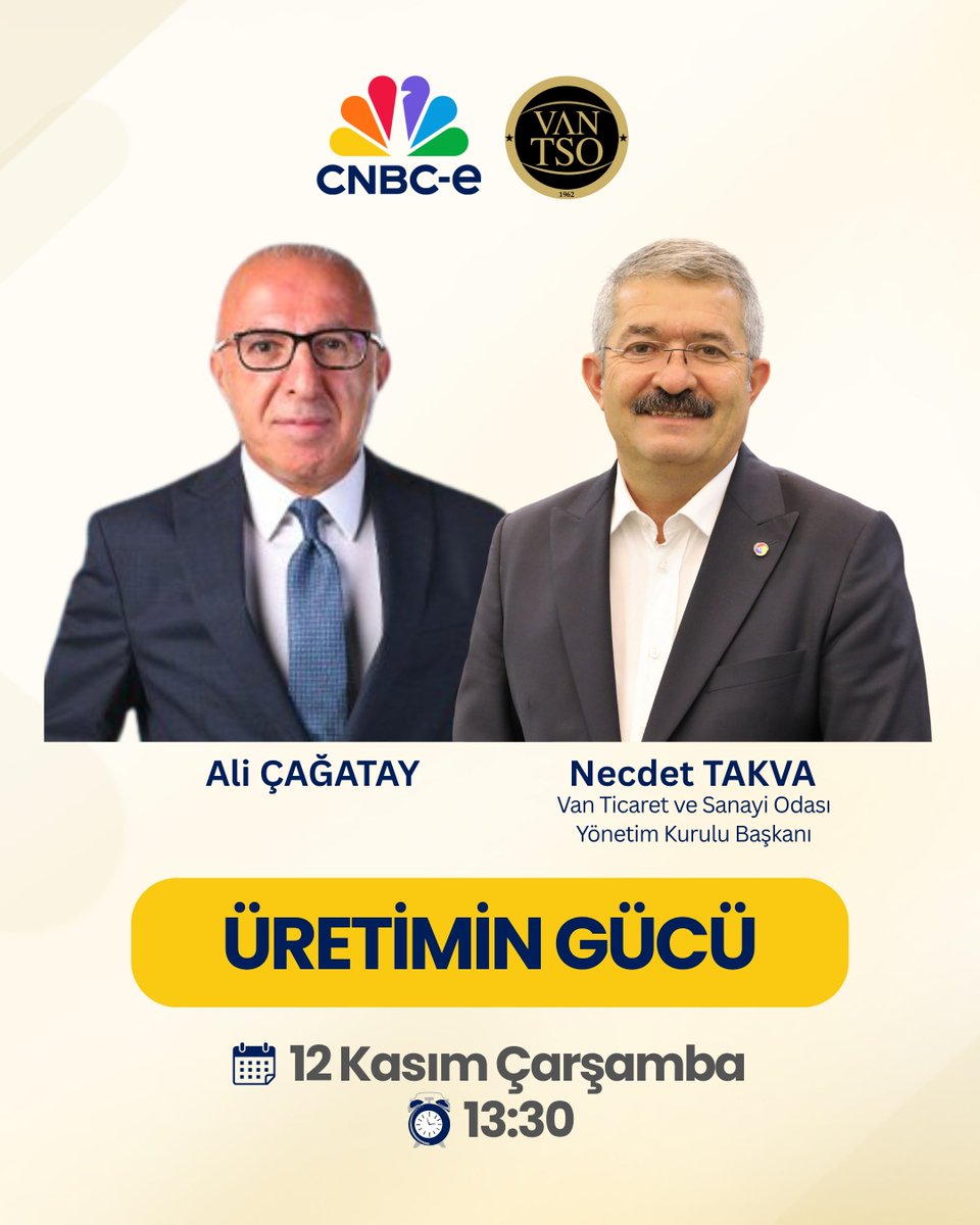Yönetim Kurulu Başkanımız Necdet Takva; CNBC-e'de yayınlanan Üretimin Gücü Programı'nın konuğu olacak.

🗓️ 12 Kasım Çarşamba
⏰ 13:30

<a href="/NecdetTakva/">Necdet Takva</a> <a href="/AliCaatay/">Ali Cağatay</a>