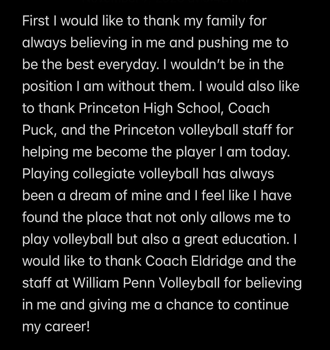 I’m 100% Committed to William Penn Volleyball!! Go Statesmen 
<a href="/CoachLaurrod8/">Lauren Eldridge</a> 
<a href="/WPU_Volleyball/">William Penn Women’s Volleyball</a> 
<a href="/PrincetonVB/">Princeton Tigresses VB</a>